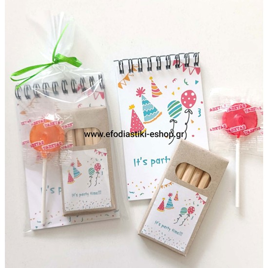 Δωράκι για πάρτυ κέρασμα μπλοκ με ξυλομπογιές it's party time