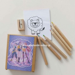 Δωράκι κουτί με 6 μινι ξυλομπογιές- ξύστρα- χαρτιά ζωγραφικής και αυτοκόλλητο  στο θέμα επιλογής σας