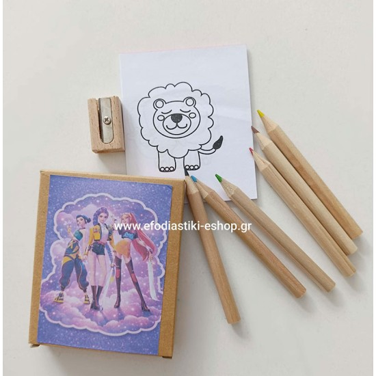 Δωράκι κουτί με 6 μινι ξυλομπογιές- ξύστρα- χαρτιά ζωγραφικής και αυτοκόλλητο  στο θέμα επιλογής σας