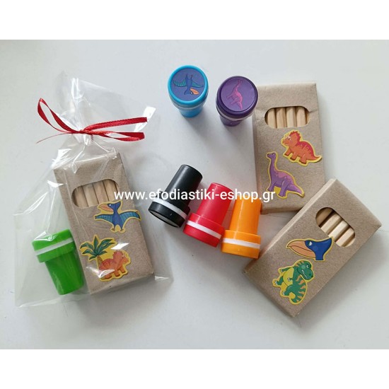 Δωράκι μινι ξυλομπογιές + σφραγίδα δεινόσαυρος  (τυχαία επιλογή σχεδίων)