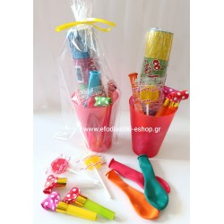 Δωράκι αποκριάτικο πλαστικό ποτήρι κόκκινο 300ml-σερπαντίνα-φρουφρου-μπαλόνι-γλειφιτζούρι