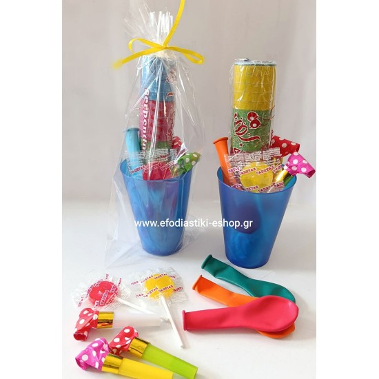 Δωράκι αποκριάτικο πλαστικό ποτήρι μπλε 300ml με σερπαντίνα