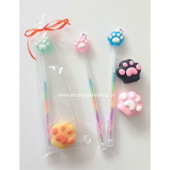 Δωράκι πάρτυ κέρασμα στυλό που αλλα΄ζει χρώμα+ γόμα ξύστρα πατούσα