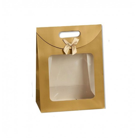 Κουτί χάρτινο χρυσό με παράθυρο και φιογκάκι 19x9x24cm