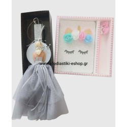 Σετ δώρου λαμπάδα κορίτσι φόρεμα ασημί + σημειωματάριο με στυλό μονόκερος