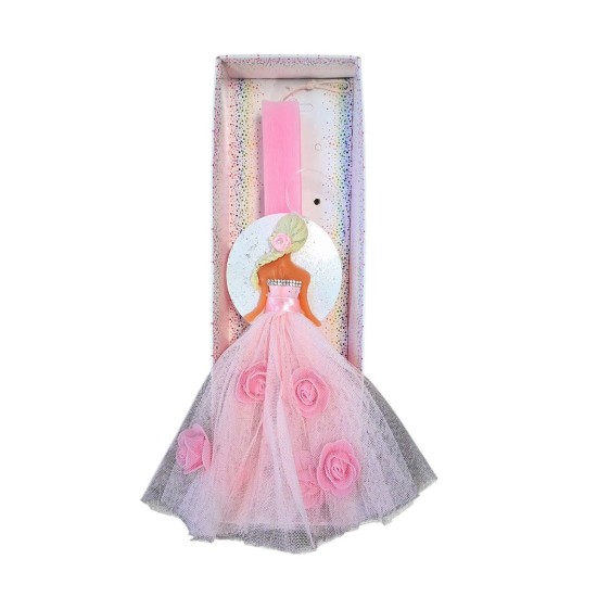 Πασχαλινή λαμπάδα με σχέδιο κορίτσι-φόρεμα λευκό με μπουμπούκια