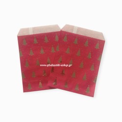 Σακουλάκι χάρτινο χριστουγεννιάτικο 13x18cm κόκκινο με χρυσά έλατα