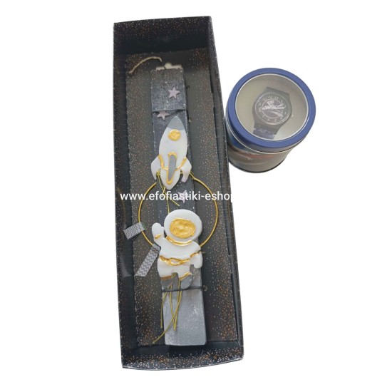 Σετ δώρου λαμπάδα αστροναύτης + ρολόι χειρός διαστημόπλοιο 