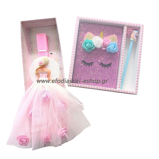 Σετ δώρου λαμπάδα κορίτσι φόρεμα ροζ μπουμπούκια+ σημειωματάριο με στυλό μονόκερος
