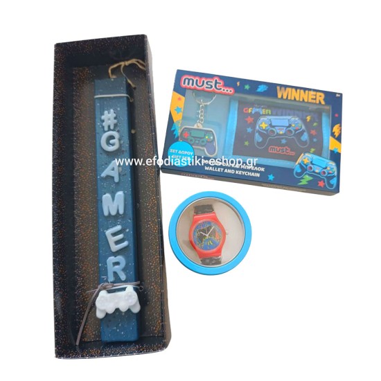Σετ δώρου λαμπάδα gamer + ρολόι χειρός gamer + πορτοφόλι 