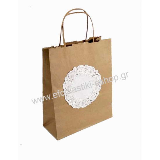 Τσάντα - σακούλα χάρτινη kraft - κραφτ  18x8x23 εκ.- στριφτή λαβή με στρογγυλή δαντέλα