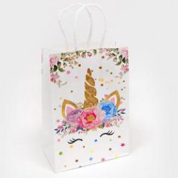 Τσάντα -σακούλα χάρτινη στριφτή λαβή 15x8x21cm  μονόκερος λουλούδια